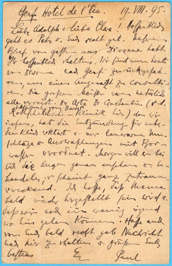 Postcard of a private nature to Prof. Dr. Adolph Baginsky, Davos - Dorf, Flüela - Post - Hotel, - sent on August 20, 1895 - back of card