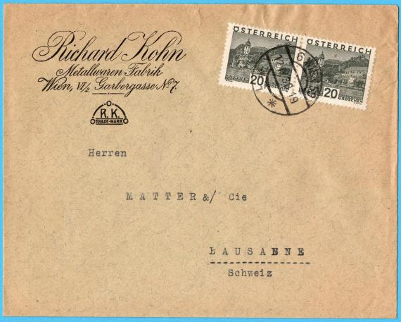 Business letter " Richard Kohn, Metallwaren-Fabrik ", Vienna, VI/2, Garbergasse No.7 - sent on September 12, 1930