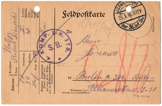 Feldpostkarte an Herrn Jonass,  Berlin A306, Belle - Alliancestr. 7-10, - versandt am 23. März 1916 - Bitte um Zusendung eines Katalogs wegen Revolver