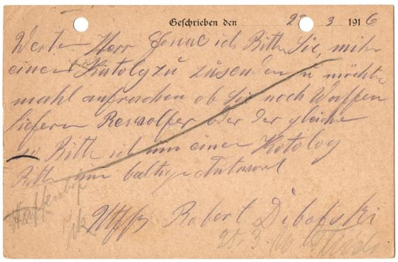 Feldpostkarte an Herrn Jonass,  Berlin A306, Belle - Alliancestr. 7-10, - versandt am 23. März 1916 - Kartenrückseite - Bitte um Zusendung eines Katalogs wegen Revolver