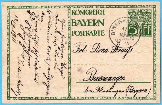 Grußkarte ( Erinnerungskarte an den 90. Geburtstag von Prinzregent Luitpold ) an Fräulein Dina Strauß, Binswangen bei Wertingen, Bayern - versandt am 12. März 1911