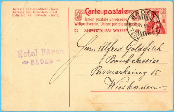 Postkarte an Herrn " Alfred Goldfisch ", Bankcassier, Bismarckring 15, Wiesbaden - versandt am 24. Juni 1912