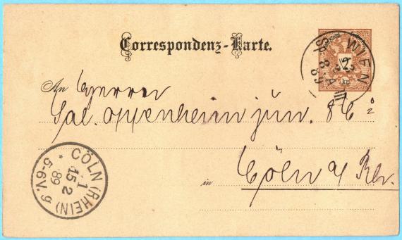 Postkarte geschäftlicher Art an " Herren Sal. Oppenheim jun. & Cie. " in Cöln a./ Rhein - versandt am 13. Februar 1889