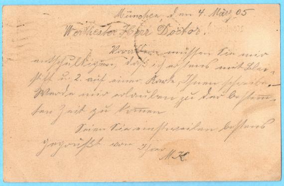 Postcard of a private nature to Dr. Rothschild, Munich, Schützenstraße 2 - sent on March 4, 1905 - back of card