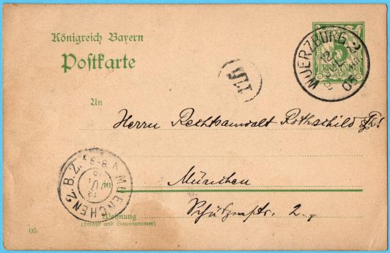 Postkarte privater an Herrn Rechtsanwalt Rothschild, München, Schützenstraße 2 - versandt am 12. Juli 1905