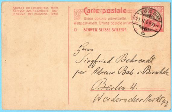 Postkarte von " Dr. Hans Bab " an Herrn Siegried Behrendt per Adresse Bab - Birnholz, Berlin W., Werderscher Markt 4a - versandt am 21. Februar 1909 