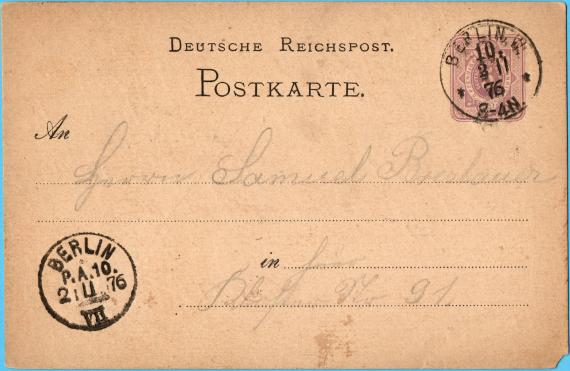 Postcard of a business nature to Mr. Samuel Breslauer, Berlin, Klosterstraße 91 - sent on November 2, 1876