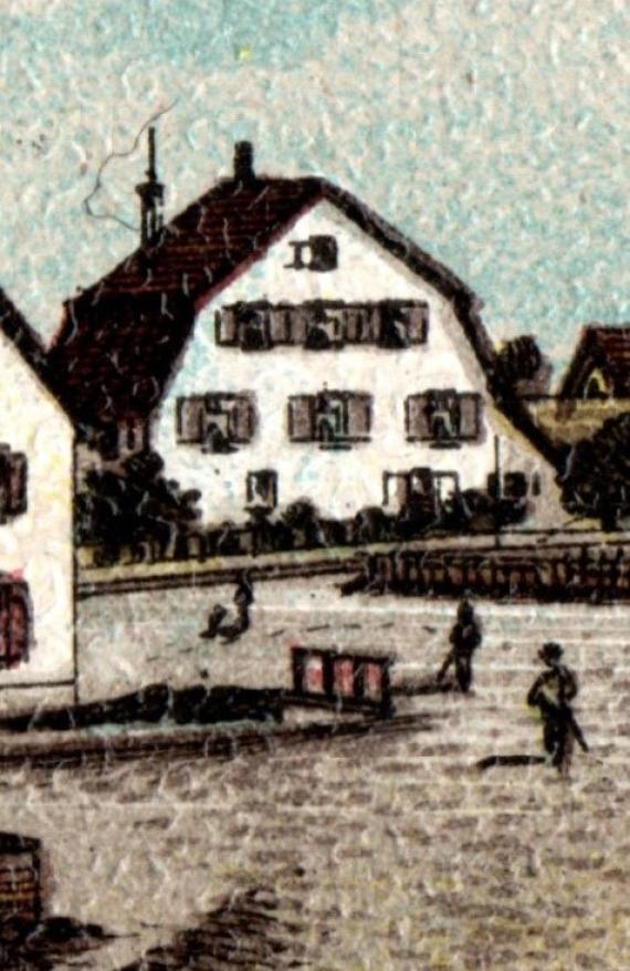 Litho multi-image picture postcard - Greeting from Oberdorf - sent on June 3, 1906 - detail enlargement Jewish school with mikvah