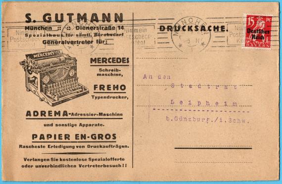 3-sheet advertising folded postcard of the company " S. Gutmann, Spezialhaus für sämtl. Bürobedarf ", Munich, Dienerstraße 14 - sent on 19.9.1921 - front side