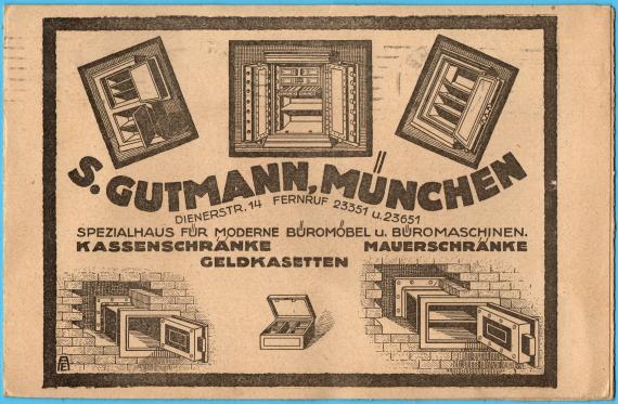 3 Blatt-Werbe-Klapp-Postkarte der Firma " S. Gutmann, Spezialhaus für sämtl. Bürobedarf ", München, Dienerstraße 14  - versandt am 19.9.1921 - Kartenrückseite