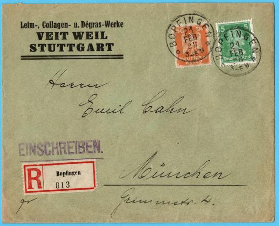 Briefumschlag der " Leim-, Collagen- u. Degras-Werke Veit Weil Stuttgart " - an Herrn " Emil Cahn, München, Grimmstraße 4 " - versandt am 21. Februar 1928