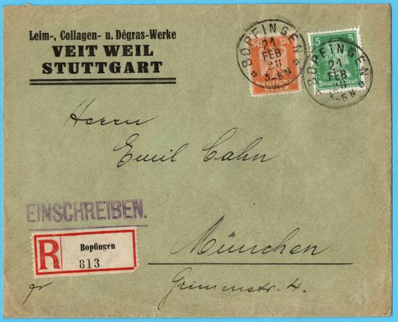 Envelope from " Leim,- Collagen- u. Degras-Werke Veit Weil, Stuttgart " - sent to Munich on February 21, 1928