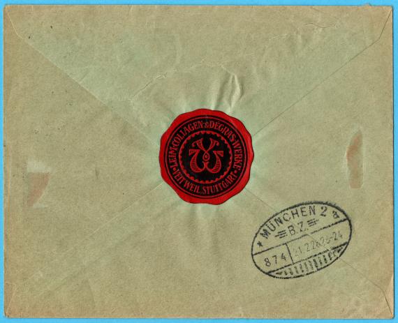 Envelope from " Leim-, Collagen- u. Degras-Werke Veit Weil Stuttgart " - to Mr. " Emil Cahn, Munich, Grimmstraße 4 " - sent on February 21, 1928 - envelope - reverse side