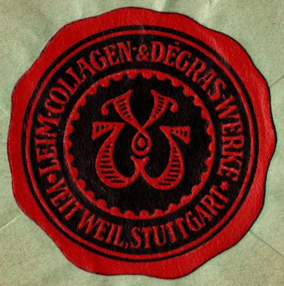 Envelope from " Leim,- Collagen- u. Degras-Werke Veit Weil, Stuttgart " - sent to Munich on February 21, 1928 - detail enlargement of advertising - seal stamp