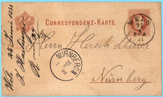 Postkarte geschäftlicher Art an Herrn " Hirsch Scherrer ", Nürnberg - versandt am 25. Juni 1881von Wels in Österreich