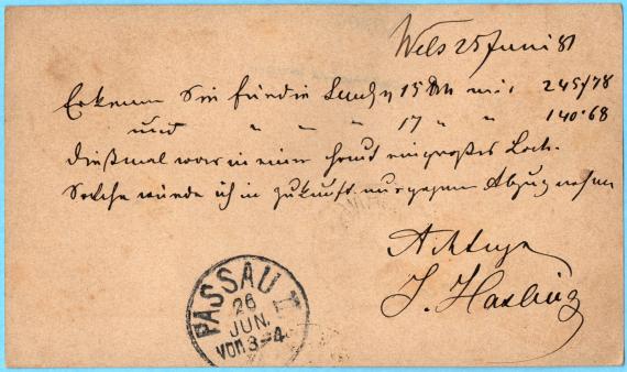 Postkarte geschäftlicher Art an Herrn " Hirsch Scherrer ", Nürnberg - versandt am 25. Juni 1881 von Wels in Österreich - Kartenrückseite