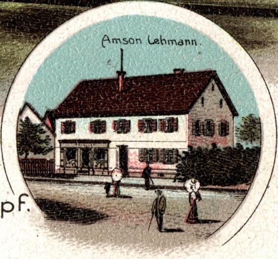 Litho multi-image picture postcard - Greeting from Oberdorf - sent on June 3, 1906 - detail enlargement of residential house - Amson Lehmann store