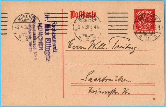 Postkarte geschäftlicher Art von Rechtsanwalt Dr. Max Ellinger, München, Neuhauserstr.14/2 - versandt am 3. April 1920  