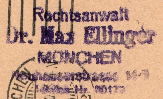 Postkarte geschäftlicher Art von Rechtsanwalt Dr. Max Ellinger, München, Neuhauserstr.14/2 - versandt am 3. April 1920  -  Ausschnittvergrößerung Kanzlei-Stempel