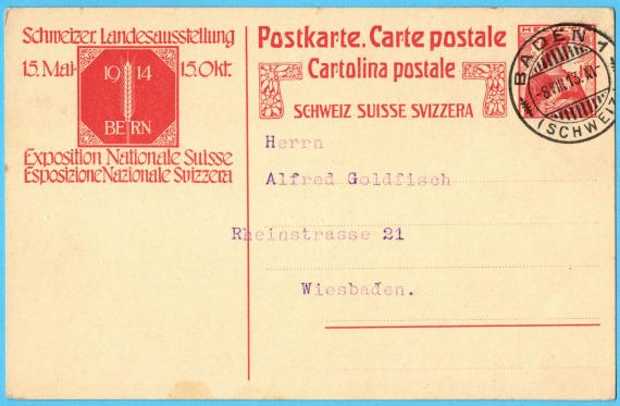 Postkarte an Herrn Alfred Goldfisch, Rheinstraße 21, Wiesbaden - versandt am 8. August 1913