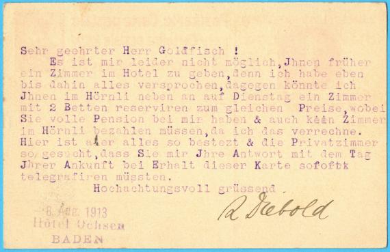 Postkarte an Herrn Alfred Goldfisch, Rheinstraße 21, Wiesbaden - versandt am 8. August 1913  -  Kartenrückseite