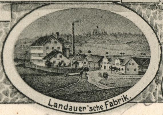 Historical multi-image picture postcard " Greetings from Krumbach-Hürben " - sent on June 29, 1900 - detail enlargement of photo " Landauer`sche Fabrik "