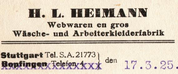 Postkarte geschäftlicher Art von " H. L. Heimann - Webwaren en gros - Wäsche- und Arbeiterkleiderfabrik ", Stuttgart - Bopfingen  -  versandt am 17. März 1925  -  Ausschnittvergrößerung Geschäftsadresse