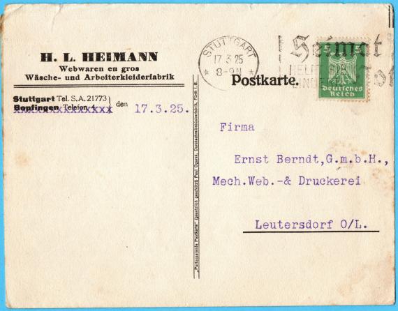 Postkarte geschäftlicher Art von " H. L. Heimann - Webwaren en gros - Wäsche- und Arbeiterkleiderfabrik ", Stuttgart - Bopfingen  -  versandt am 17. März 1925  