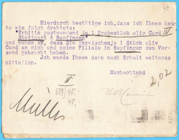 Postkarte geschäftlicher Art von " H. L. Heimann - Webwaren en gros - Wäsche- und Arbeiterkleiderfabrik ", Stuttgart - Bopfingen  -  versandt am 17. März 1925  -  Kartenrückseite