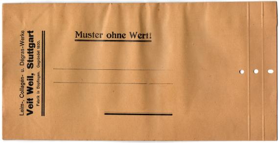 Mailing envelope " Sample without value " of the glue, collage and degras works Veit Weil, Stuttgart