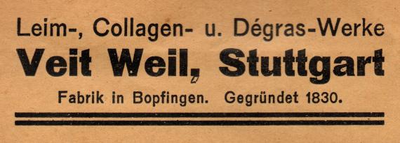 Versandkuvert " Muster ohne Wert "  der Leim-, Collagen- u. Degras-Werke  Veit Weil,  Stuttgart  -  Ausschnittvergrößerung Firmenadresse