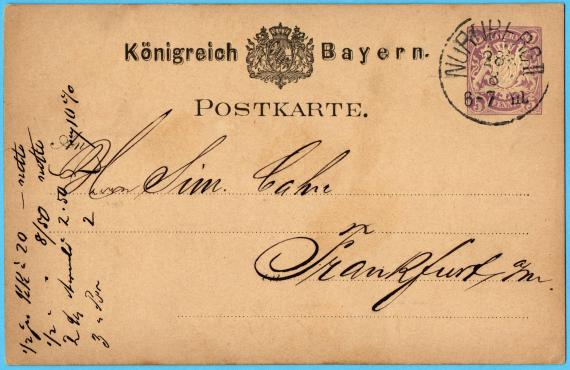 Postcard of a business nature to Mr. Simon Cahn, Franfurt/Main - sent on August 28, 1879