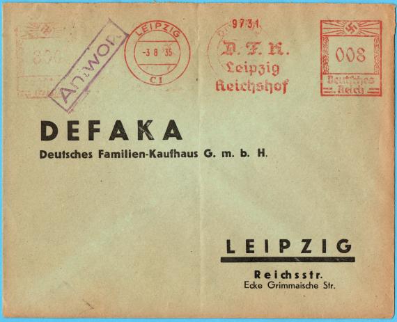 Reply envelope - DEFAKA - Deutsches Familien Kaufhaus G.m.b.H., Leipzig, Reichsstraße-Ecke Grimmaische Straße - sent on August 3, 1935