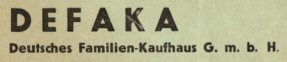 Briefumschlag - DEFAKA - Deutsches Familien Kaufhaus G.m.b.H. Reply envelope - DEFAKA - Deutsches Familien Kaufhaus G.m.b.H., Leipzig, Reichsstraße-Ecke Grimmaische Straße - mailed on August 3, 1935 -
Enlargement of business name