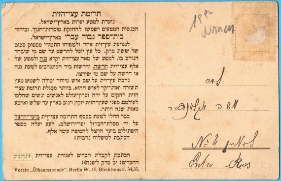 Confirmation card - artistically designed diploma - for an olive tree donation for the reforestation of Palestine - from around 1910 - back of card