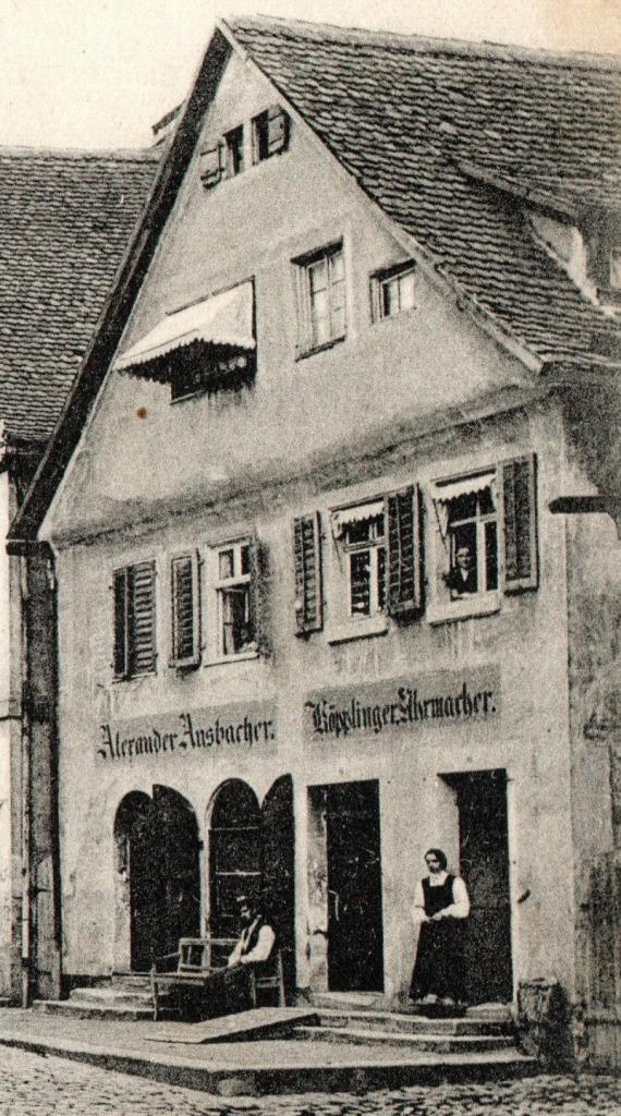 Historische Ansichtskarte von Leutershausen - Marktplatz - versandt am 6. Juni 1908  -  Ausschnittvergrößerung Geschäft- und Wohnhaus Alexander Ansbacher