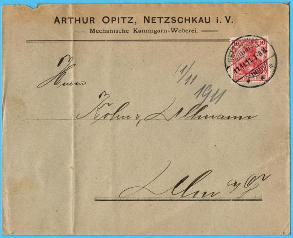 Briefumschlag an " Herrr Kohn & Ullmann " in Ulm - versandt und abgestempelt am 11.11.11 (1911)