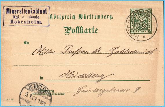 Postkarte an Herrn " Professor Dr. Goldschmidt " in Heidelberg, Gaisbergstraße 9 - versandt am 5. Januar 1901 vom Mineralienkabinett, Kgl. Akademie, Hohenheim