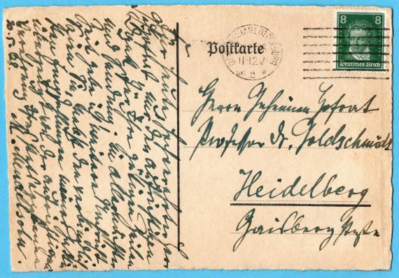 Postal picture postcard to Mr. " Privy Privy Councillor Professor Dr. Goldschmidt ", Heidelberg, Gaisbergstraße - sent on May 1, 1928