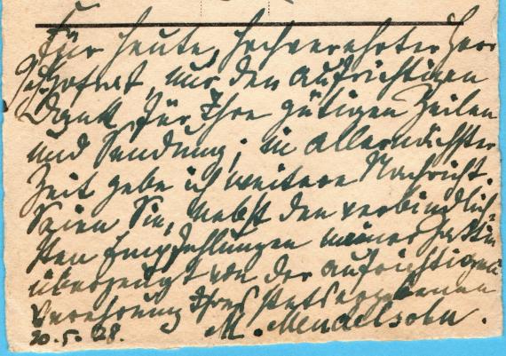 Ansichtskarte - Martin Mendelsohn Picture postcard " Martin Mendelsohn " of a private nature - sent by " Martin Mendelsohn to "Herr Geheimer Hofrat Professor Dr. Goldschmidt " on May 10, 1928 - back of card - detail enlargement of text