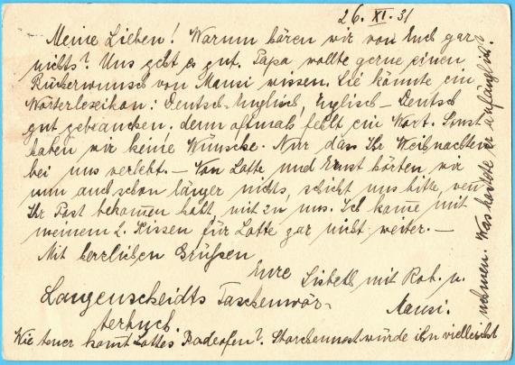 Postkarte privater Art an Familie Direktor Marx, Augsburg, Gesundbrunnenstraße 11/III - versandt am 27. November 1931 von Memmingen  -  Kartenrückseite