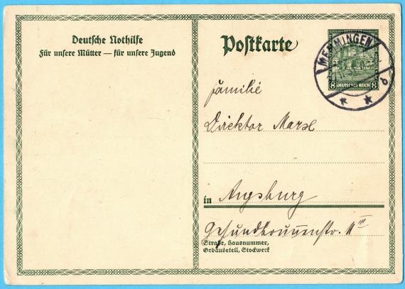 Postkarte privater Art an Familie Direktor Marx, Augsburg, Gesundbrunnenstraße 11/III - versandt am 27. November 1931 von Memmingen