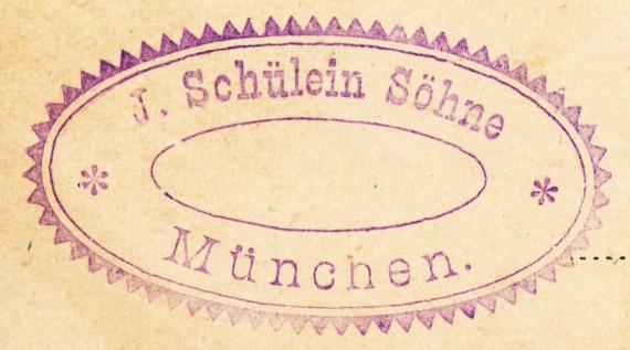 Postkarte geschäftlicher Art von " J. Schülein Söhne, München " an Herrn Joh. Jac. Mayer in Nördlingen - versandt am 21. Januar 1885  - Ausschnittvergrößerung Geschäftsstempel