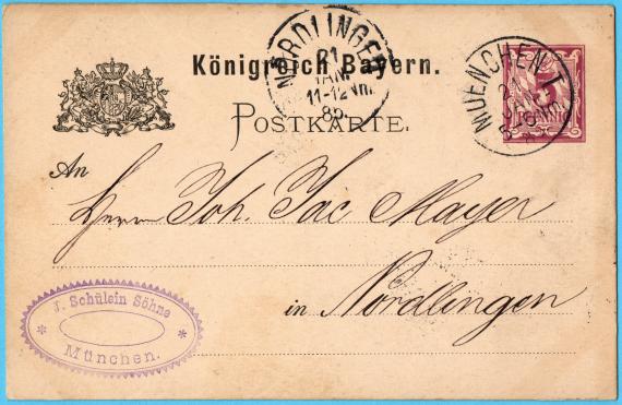 Postkarte geschäftlicher Art von " J. Schülein Söhne, München " an Herrn Joh. Jac. Mayer in Nördlingen - versandt am 21. Januar 1885 