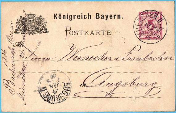 Postkarte geschäftlicher Art von " Oscar Bacharach, München " an Herrn " Wernecker & Farnbacher, Augsburg " - versandt am 24. Januar 1886