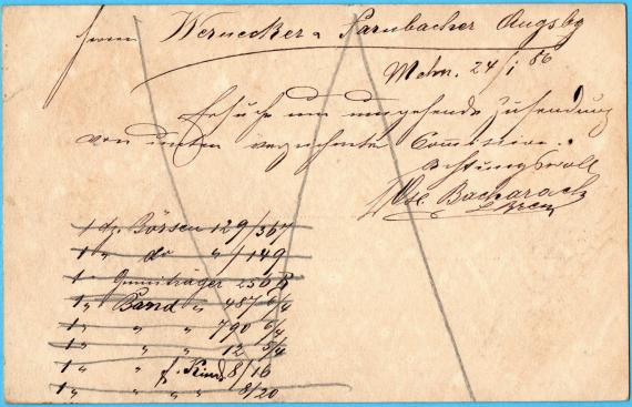 Postkarte - Oscar Bacharach Postkarte geschäftlicher Art von " Oscar Bacharach, München " an Herrn " Wernecker & Farnbacher, Augsburg " - versandt am 24. Januar 1886 - Kartenrückseite