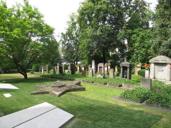 Friedhof mit alten Grabsteinen im Hintergrund und einem Judenstern auf der Wiesenfläche zuvor