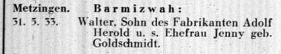 Text: "Metzingen. Barmizwah: 31.5.33. Walter, Sohn des Fabrikanten Adolf Herold und seiner Ehefrau Jenny geb. Goldschmidt." 