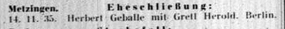 Text: "Metzingen. Eheschließung: 14.11.35. Herbert Geballe mit Gretl Herold. Berlin."  