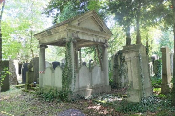 Cemetery with gravestones and trees